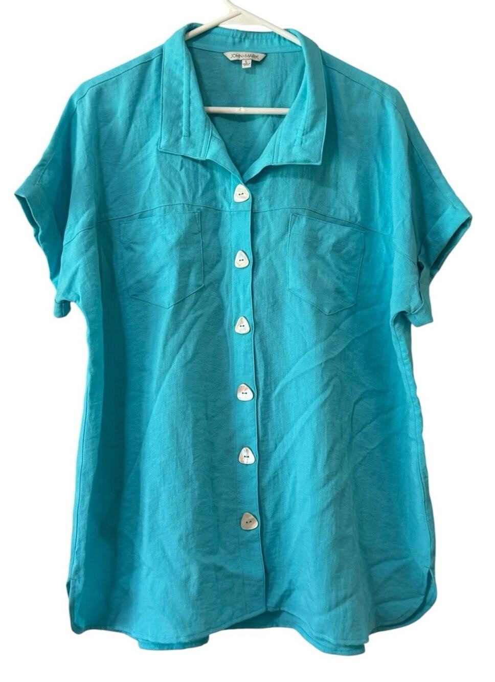 John Mark Short Cuff Sleeved Shirt Button Down Women Size Large Artsy Casual
